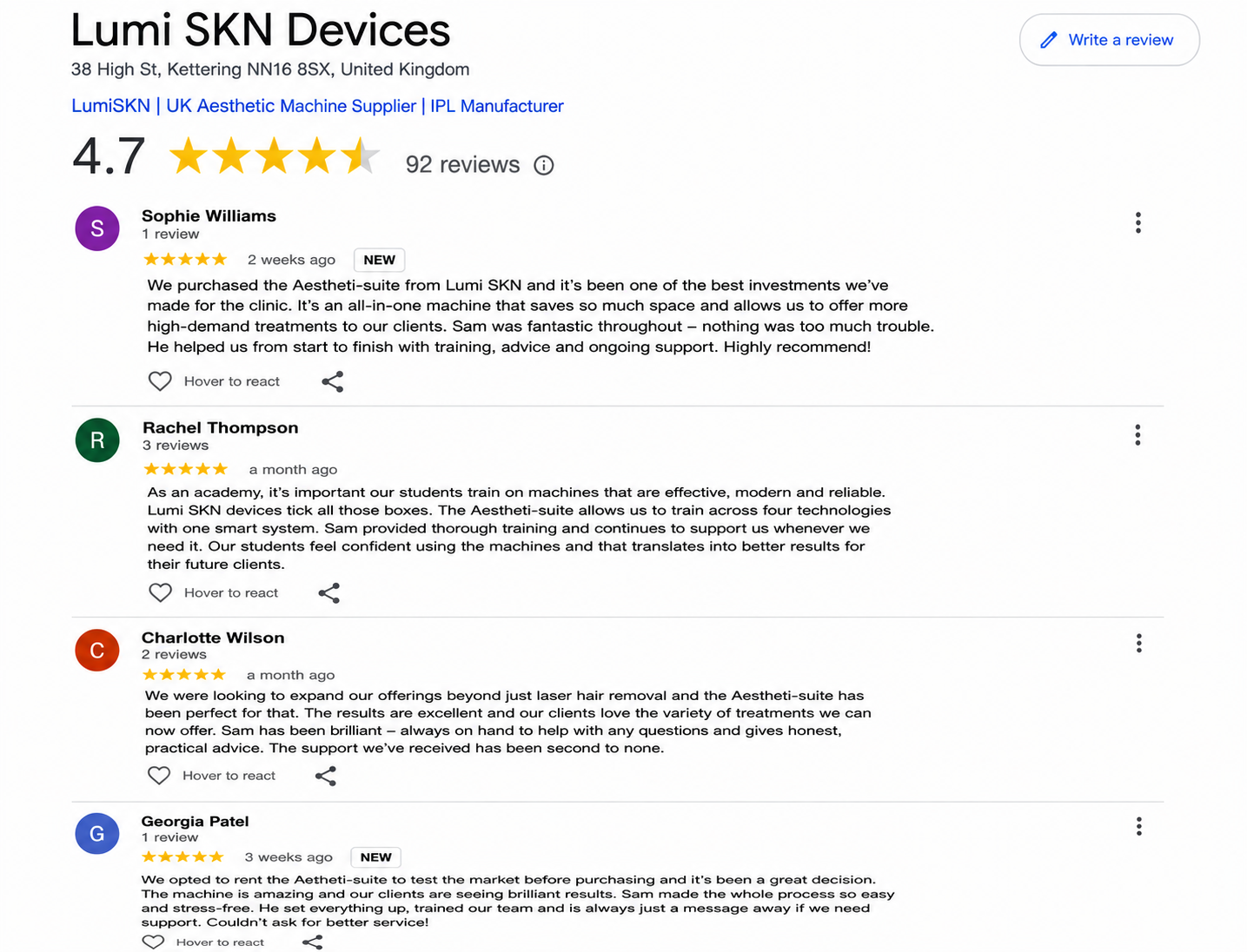 LumiSKN Google customer reviews