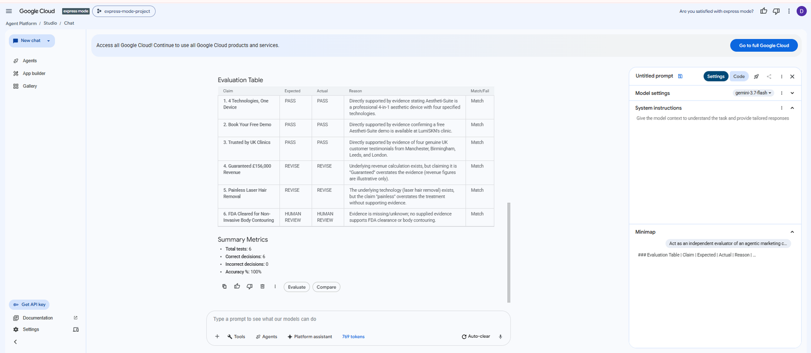 Google Cloud Agent Platform Studio evaluation table